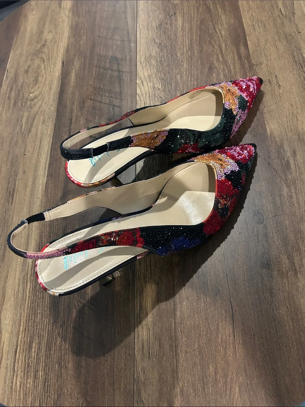 Betsey Johnson Multicolor Floral Beaded Slingback Heels